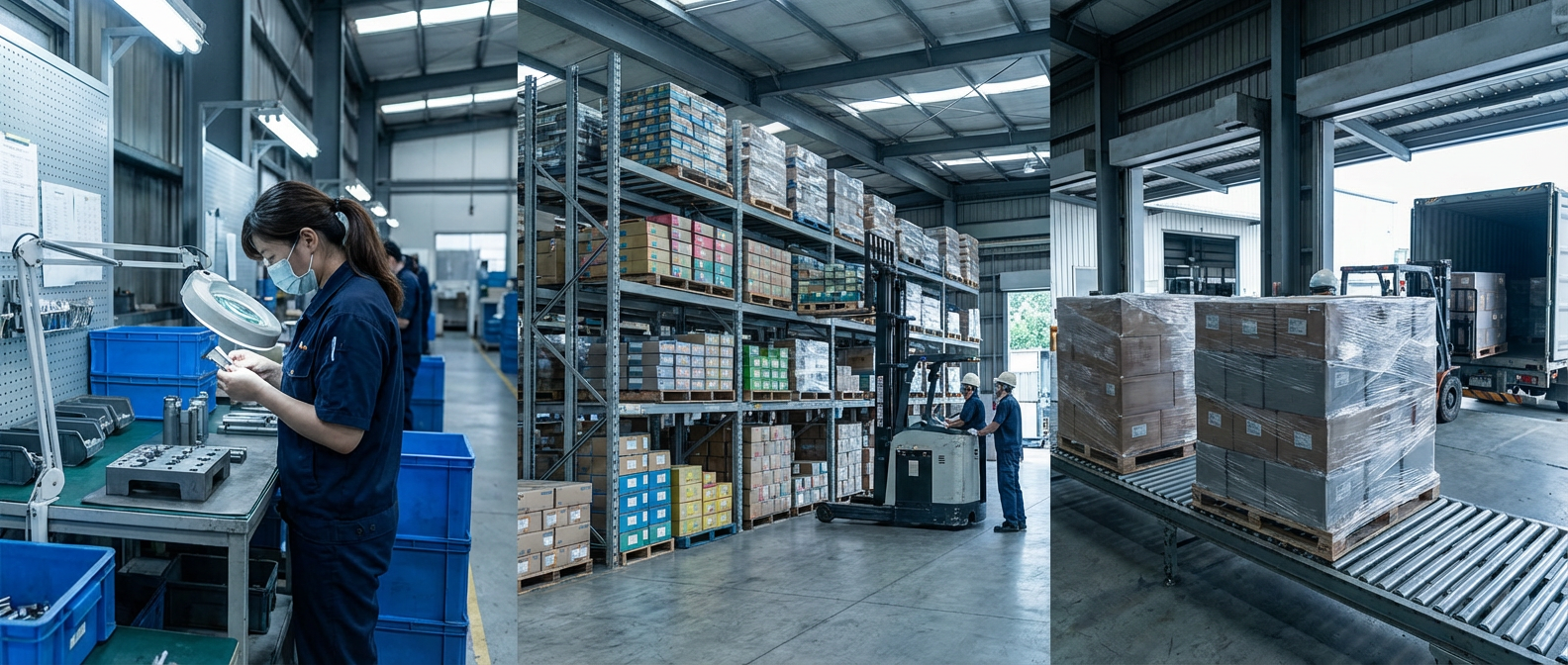 End-to-end manufacturing process showing quality control inspection, logistics coordination, and warehouse operations